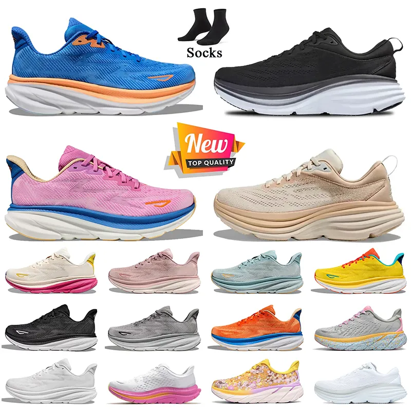 2024 Classic Design Men e Women Running Shoes Clifton 9 Bondi 8 Treinadores de esportes de jogging Livre People People Kawana White Black Pink Foam Sneakers Tamanho 36-47
