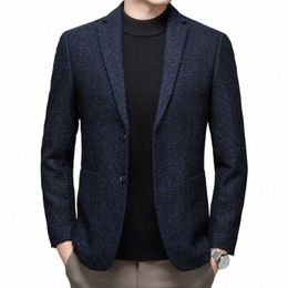 2024 Hombres clásicos Azul marino Tweed Blazers de lana Ovejas Traje de lana Chaquetas Caballeros Fi Trajes para Busin y ropa casual Q1NP #