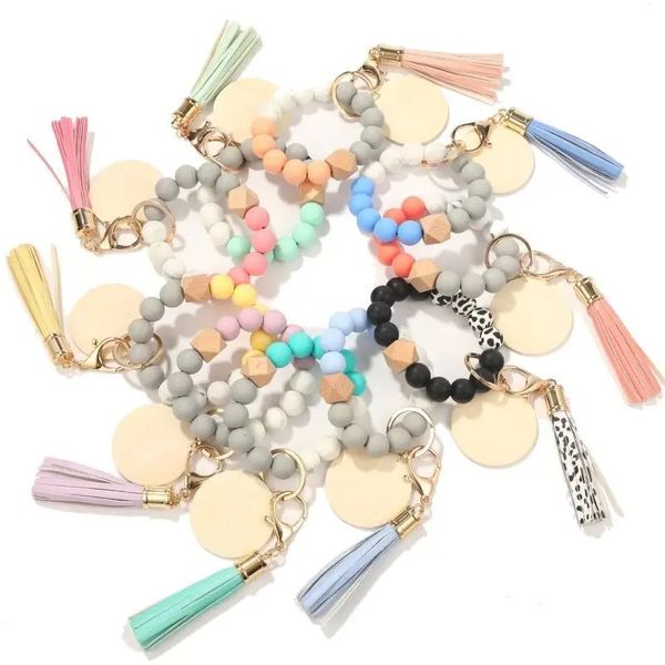 Bracelet à pampilles en cuir avec lettres entrelacées colorées, porte-clés en perles de Silicone, disque en bois vierge, 2024