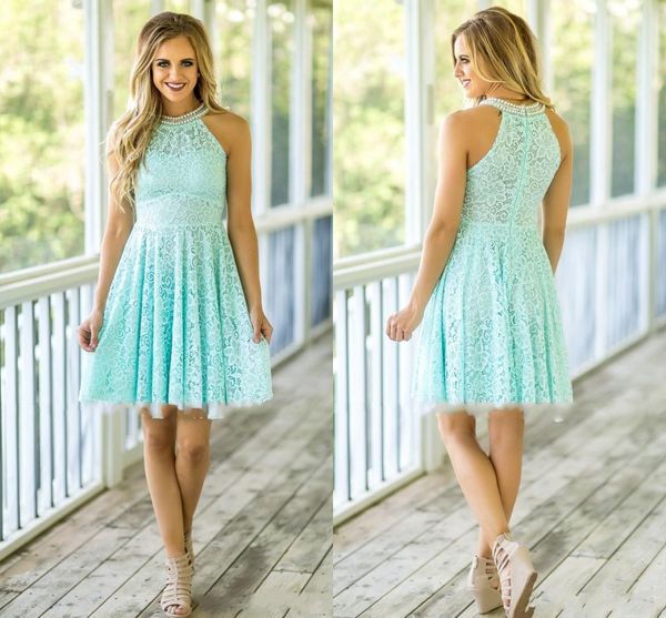 2024 Vestidos de dama de honor de menta country para bodas Beach Pearls High Neck Pearls Full Lace Short Mini Zipper Back Maid of Honor Boda Gotss 403