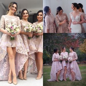 2024 Country Nieuwe roze volle kant bruidsmeisje jurken sexy bruiloft gastenjurk hoge lage lengte half mouwen goedkope formele hof jurken 403