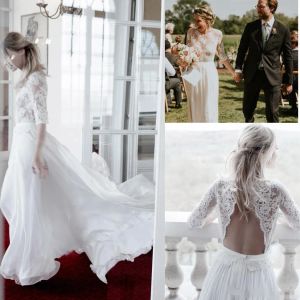 2024 Country Wedding Jurken 1/2 Halve mouwen Lace Applique Sexy Hollow Back Illusion Jewel Neck Boho trouwjurk
