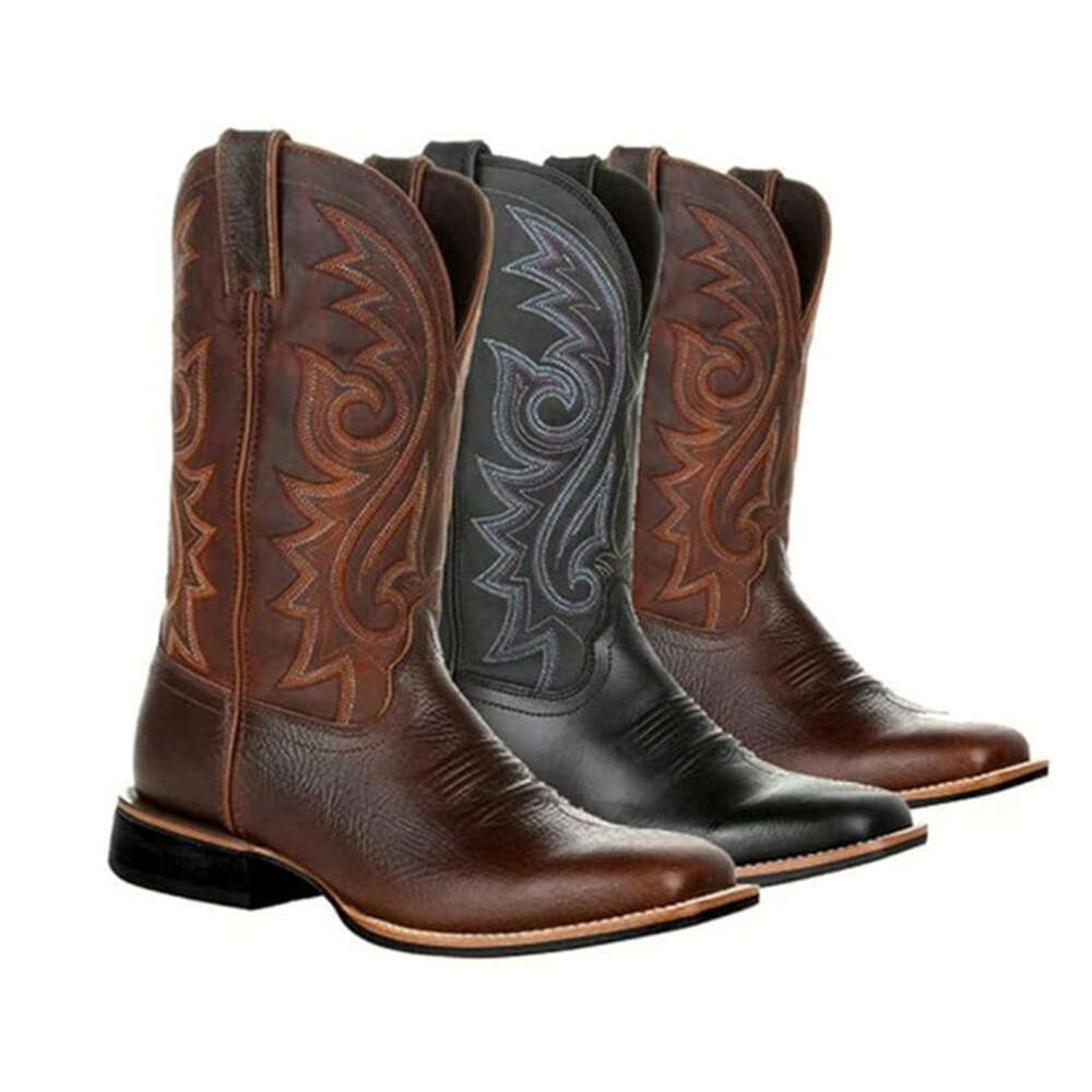 2024 Cowboy Boots Black Brown Faux Leather Winter Shoes Retro Men Women Embroidered Western Unisex Footwear Big Size 38-48