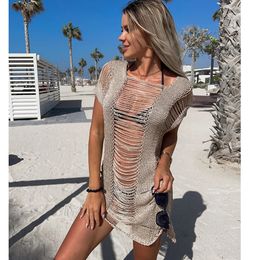 2024 Crochet Cover Up Beach Sexy See Through Hollow Out Dres Summer Clothes tricots Beachwear Bikini CoverUps 240417