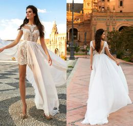 2024 Diseño de cristal vestidos de novia cortos con falda desmontable Apliques de encaje Bateau Neck Beach Vestido de novia de manga larga.