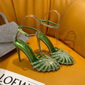 2024 Met kristallen ingelegde sandalen met stiletto hak Enkelband echte zijden spoelpompen Dames feestavondschoenen luxe ontwerpers hoge schoenen fabrieksschoeisel 35-42 met doos