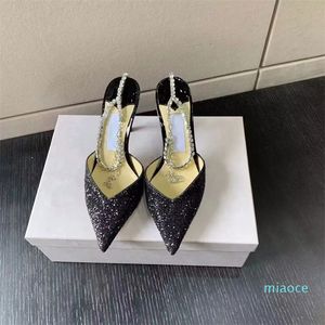 2024 Crystal Pink Gradient Stiletto Sandalen voor vrouwen Diamant Designer Keten Enkle Riem Dunne Hoge Heel Shoes Luxe Bling Ladies Pumps Saeda