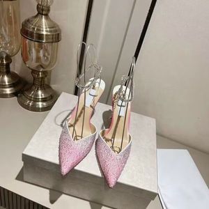 2024 Cristal Rose Dégradé Stiletto Sandales Pour Femmes Diamant Designer Chaîne Cheville Sangle Mince Chaussures À Talons Hauts De Luxe Bling Dames Pompes Saeda JC