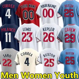 2024 Jerseys de béisbol personalizados para hombres Mujeres Jóvenes Royce Lewis, Carlos Correa, Byron Buxton, Max Kepler, Pablo López, Trevor Larnach, Kirby Puckett, Harmon Killebrew Jersey