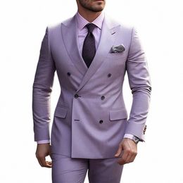 2024 Costumes pour hommes violets personnalisés smoking à double boutonnage élégant blazer de mariage formel tenues de fête de bal 2 pièces trajes de hombre n7oT #