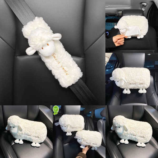 2024 Oreiller de cou de siège intérieur de voiture de dessin animé mignon, joli petit mouton, support d'appui-tête, protections d'épaule universelles en peluche pour femmes