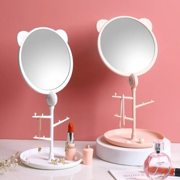 2024 Miroir de maquillage de l'oreille de chat mignon avec support de support de bijoux à 360 ° Table de rotation Base de comptoir Utilisation du bureau de salle de bain Miroirs cosmétiques pour le porte-bijoux mignon