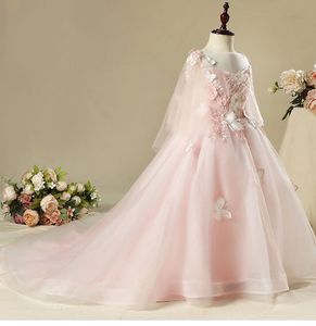 2024 Lindo botón de cubierta de la manga de flores Button Puffy Tulle First Holy Communion Vestidos Cumpleaños Borded Byleving Girls Gowns 403