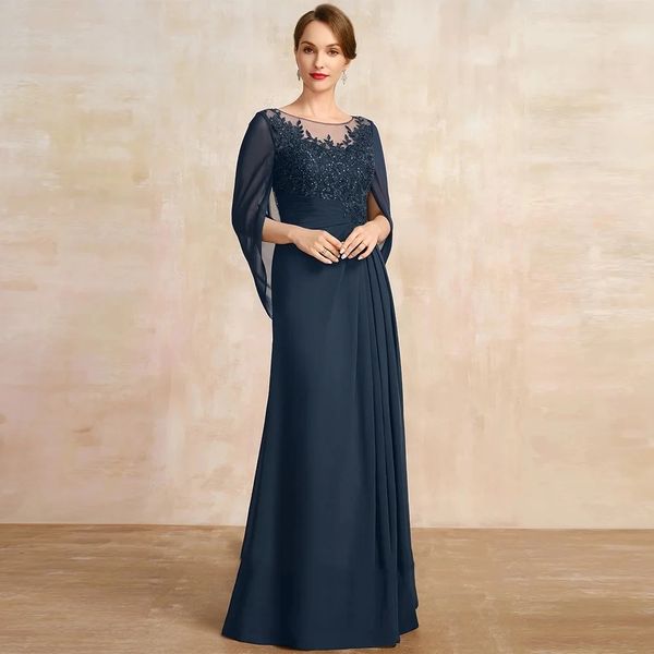 2024 Vestido Vintage azul marino oscuro para madre de novia, apliques redondos, encaje de lentejuelas, gasa plisada, vestidos largos de fiesta de boda para madrina