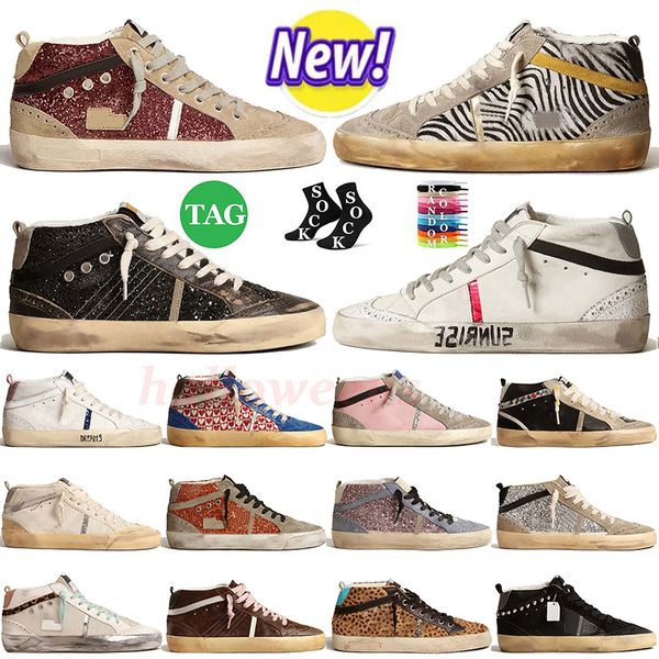 Diseñador de lujo Mujer Zapatos casuales para hombre Brillo Goosly Flash Tachuelas doradas Estampado de leopardo Plataforma de piel de pony Skat Mid Star Zapatillas de deporte Zapatillas deportivas de gamuza de cuero Tamaño 46