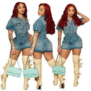 2024 Designer Denim Jurken Vrouwen Korte Mouw Bodycon Jurk Lente Turn Down Kraag Zakken Mini Rok Street Wear Groothandel Kleding 10697