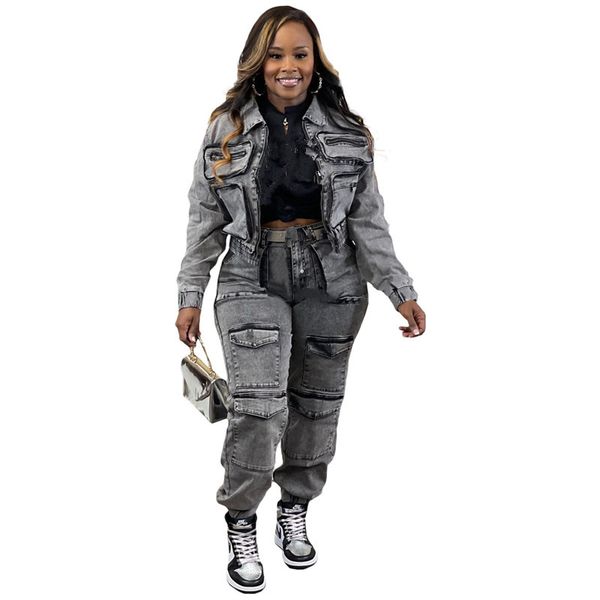 2024 Designer Denim Survêtements Deux Pièces Ensembles Femmes Automne Hiver Sweatsuits À Manches Longues Veste En Jean Pantalon Poches Jeans Vintage Tenues En Gros Vêtements 10427