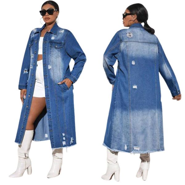 2024 Designer Denim Trench Coat Femmes Mode Automne Hiver Coupe-vent À Manches Longues Veste Déchirée Cardigan Denim Cape Manteaux En Vrac Vêtements En Gros 10409