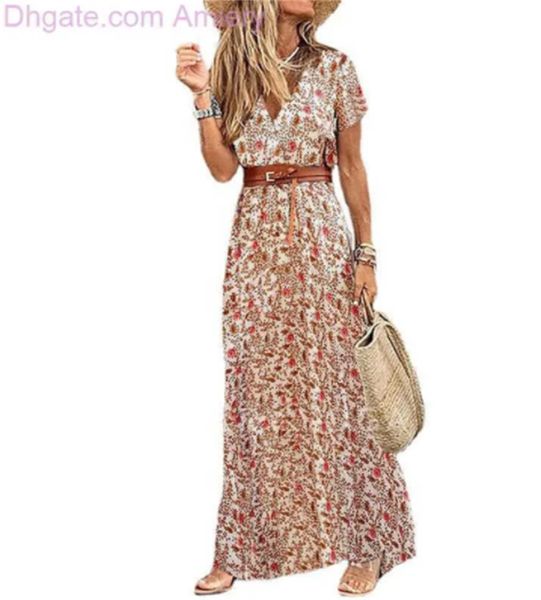 2024 vestido de diseñador diseñador de las mujeres vestido de verano moda bohemia con cuello en v floral elegante playa maxi vestidos para mujer batas vestidos damas vacaciones vacaciones falda