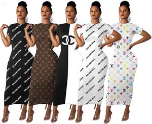 2024 Robes de créateurs Summer Femmes Manches courtes Bodycon Maxi Robe 2X Mode Noir Blanc Panneaux Imprimer Jupe Sexy Night Club Party Wear Vêtements de printemps