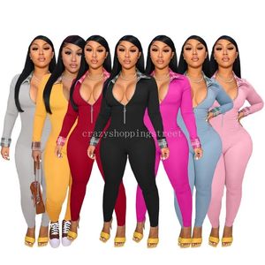 2024 Designer Herfst Winter Jumpsuits Dames Bodycon Rompertjes Lentekleding Lange mouwen Turn-down Kraag Jumpsuits Eendelige outfits Skinny overalls Street chic