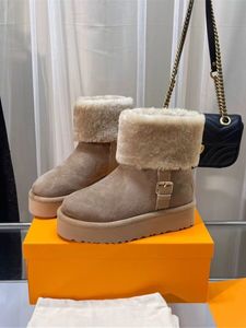 2024 Designer Mode Dikke Zool Sleehak Schoenen Luxe Platte Platform Hoogte Toenemende Gesp Snowboots Natuurlijk Bont Suède Enkellaarsjes Aspen