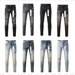 2024 Designer voor heren paars merk jeans skinny motorfiets trendy gescheurd patchwork gat het hele jaar door slanke benen kgi668