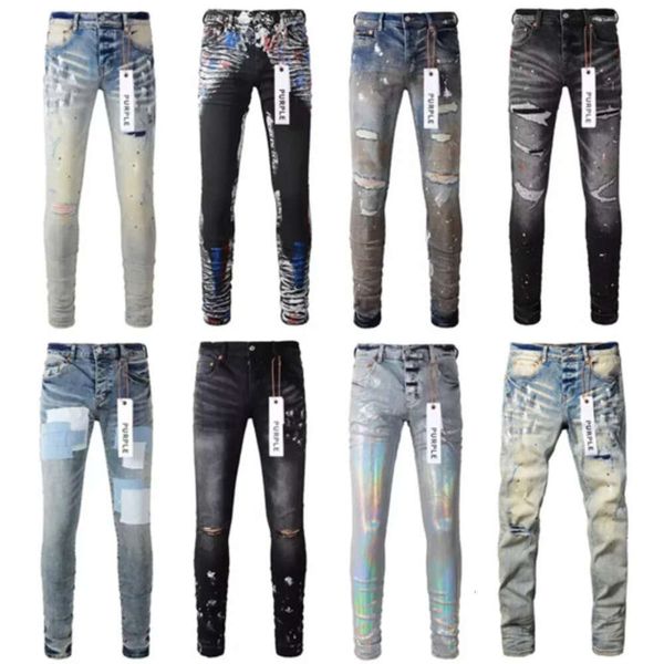 2024 Diseñador para hombre Flaco Motocicleta Moda Ripped Patchwork Hole Todo el año Piernas delgadas Venta al por mayor Púrpura Marca Jeans gie556