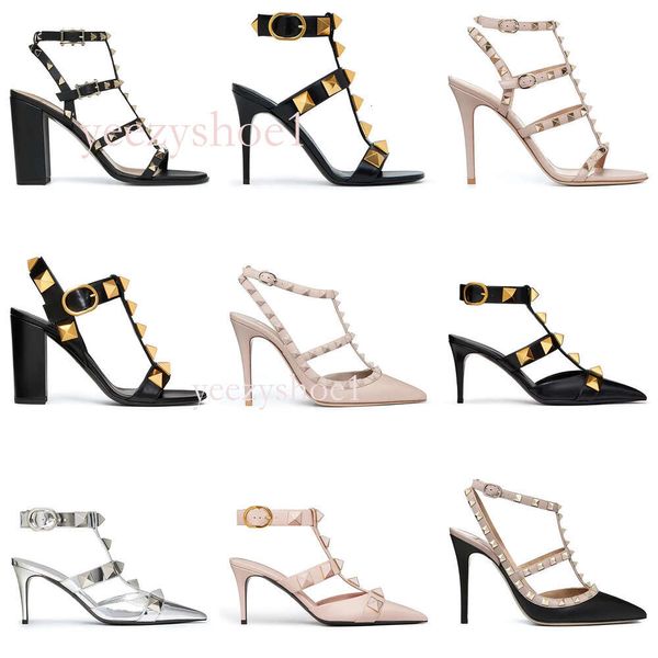 Sandales à talons hauts de styliste pour femmes, robe à clous romains, chaussures à Rivets, lanière à la cheville, bande noire nue, bloc Stiletto, 2024