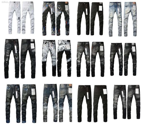 2024 Jeans de diseñador para pantalones para hombre Jeans morados Pantalones morados Personalizar Tendencias Biker rasgado negro desgastado Slim Fit Mans Jeans apilados Hombres Jeans holgados Pantalón con agujeros