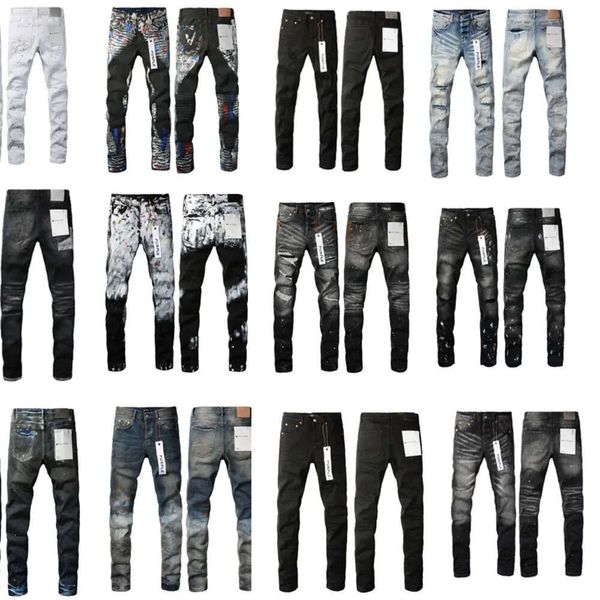 2024 Jeans de diseñador para pantalones para hombre Jeans morados Personalizar tendencias Desgastado Negro Ripped Biker Slim Fit Mans Jeans apilados Hombres Baggy Jeans Hole Alta calidad