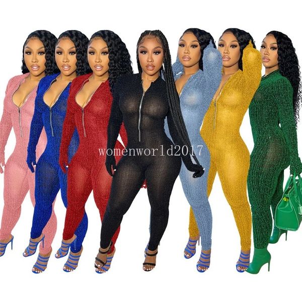 2024 Jumpsuits de diseñador Mujeres Fall Invierno Invierno Long Codycon Rompers Jumpsuits Solid Zipper Ver a través de trajes de una pieza.
