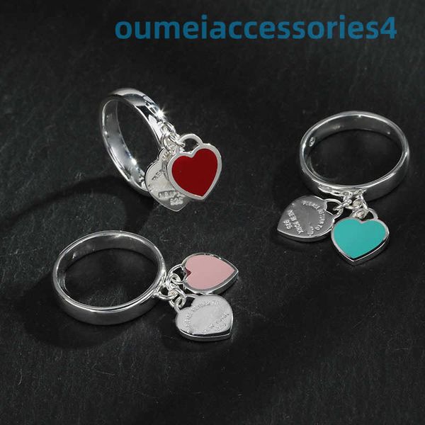 2024 Diseñador de marca de lujo joyería anillos pequeños 925 plata esterlina doble corazón camiseta azul caído esmalte pareja amor anillo