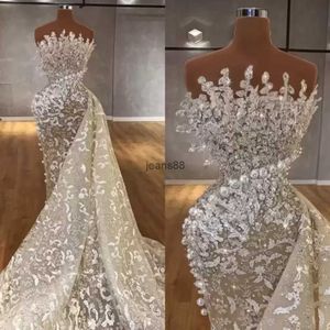 2024 Designer Mermaid Wedding Jurken Bridal Jurk Luxe kanten applique kralen parels sweep trein organza ontwerper illusie op maat gemaakte plus size vestido de novia