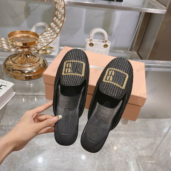 2024 Designer MIUI tissé pantoufles avec design sans dos décontracté à orteils, pantoufles de ville de luxe pour femmes taille 35-40