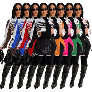 2024 Designer Motorjas Dames Lange Mouw Honkbal Uniform Print Bovenkleding Fahion Korte Jas Minirok Tweedelige Sets Bulk Groothandel Kleding 10610