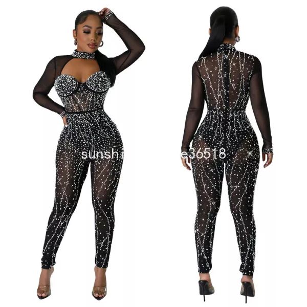 2024 Designer Rhingestone Diamonds Mesh Assumes Jumps Femmes Long Manyer Bodycon Rompers Sexy Voir à travers des combinaisons Party Night Club Wear Clothes en gros