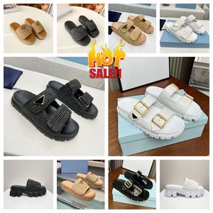 2024 Designer Sandal Femme Crochet Diapositives Noir Blanc Plate-forme Coins Paille Plateforme Pantoufle Été Plat Confort Mule Plage Piscine Deux Sangles