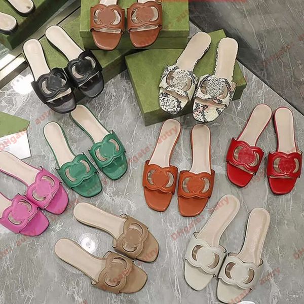 2024 sandalias de diseñador Diseñador de lujo Sandalias de cuero para mujer Pisos de verano Moda Playa Zapatillas para mujer Entrelazadas Doble G Hollow Out Zapatillas
