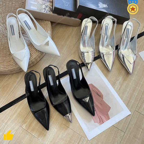 2024 Sandalias de diseñador Zapatos de tacón alto puntiagudos P Triángulo Tacones de gatito Sandalia para mujer Negro Blanco Rosa Azul Zapatos de boda con bolsa para el polvo Zapatos de vestir