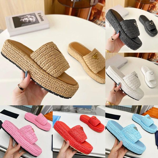 2024 Designer Sandales Slippers Gold Buckle Slip on Black Brown Pool Slippers Crochet Slides Women's's Casual Sandals Platform Cendages Paille Plat Flatform Slipper 35-42