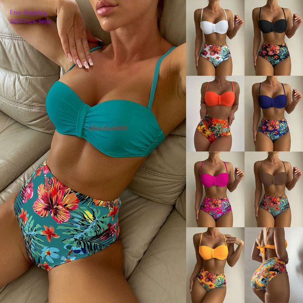 2024 diseñador sexy bikini para mujer sexy halter color sólido floral dividido adulto talle alto sexy traje de baño bikini