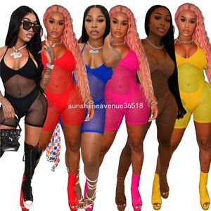 2024 Designer sexy vis net rompers vrouwen zomer bodycon halter jumpsuits mesh een stuk outfits mode zie door magere playsuits groothandel kleding