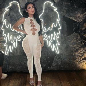 2024 Designer Sexy Hollow Out Jumpsuit Dames Zomer Mouwloze Mesh Patchork Romper Bodycon See Through Leggings Een Stuk Overalls Bulk Groothandel Kleding 10691