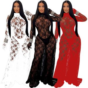 2024 Designer Sexy Hollow Out Jumpsuits Vrouwen Backless Sheer Lace Rompertjes Lange Mouwen Wijde Pijpen See Through Jumpsuits Nachtclub dragen Groothandel Kleding 10446