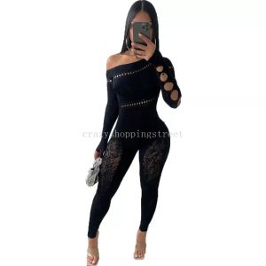 2024 Designer Sexy Mesh Patchwork Jumpsuits Vrouwen Bodycon Rompertjes Lange Mouw Skinny Hollow Out Jumpsuits Kleding Nachtclub Dragen Groothandel kleding