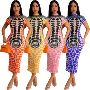 2024 Designer Sexy printjurken Zomer vrouwen korte mouw bodycon jurk Skinny Turtleneck potloodjurk Vakantie Club Wear Groothandel kleding 9775