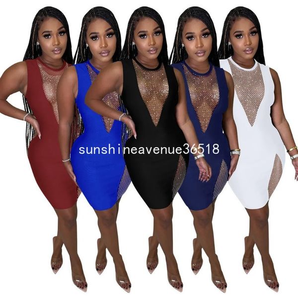 2024 Designer Printemps Femmes Robes Sexy Sans Manches Mesh Patchwork Robe Mode Voir À Travers Moulante Mini Robes Discothèque Party Wear Mode Streetwear