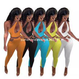 2024 Designer Spring Women Tracksuit Two Piece Set Sexy Sexy Hollow Out Top + Pantalons Sans manches Leggings T-Shirt Matching Set Ont Casual Offices Sost Suissal Wholesale