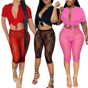 2024 Trajes de diseñador Primavera Dos conjuntos de 2 piezas Trajes de mujer Camisa de vendaje de manga corta Pantalones cortos de malla Trajes sólidos Club Wear Ropa al por mayor 10668